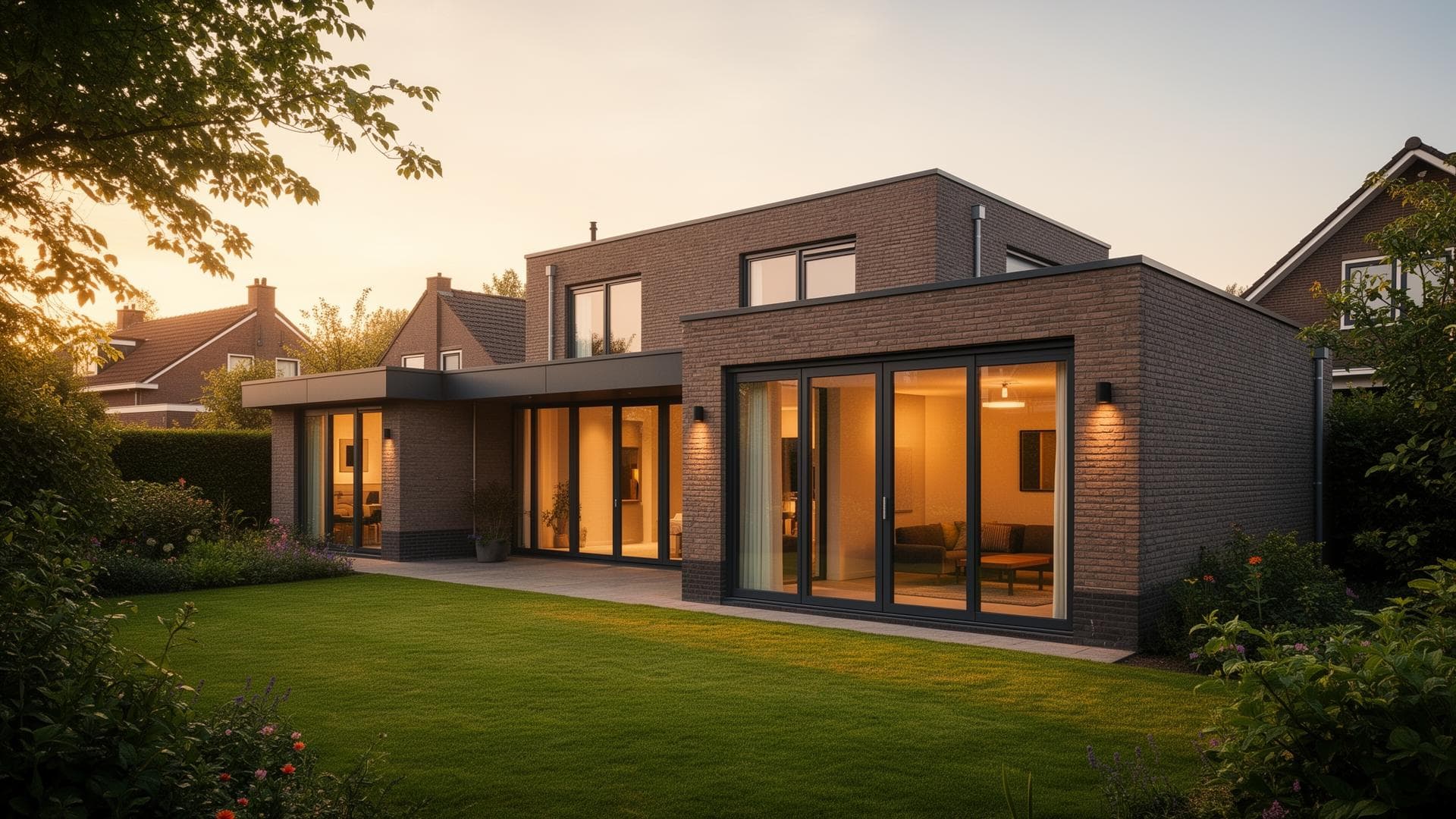 Moderne aanbouw met glaspui aan een Nederlandse woning, gefotografeerd tijdens golden hour