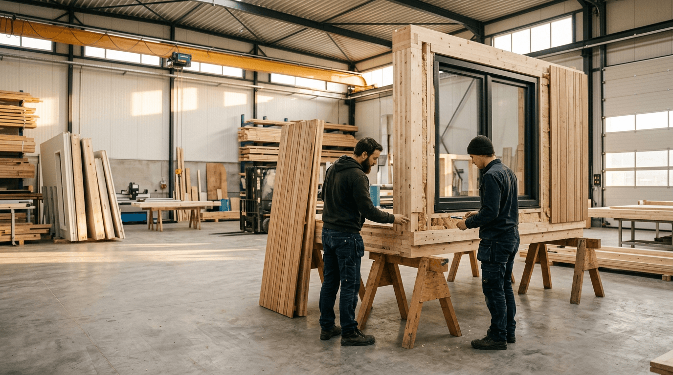 Onze monteurs stellen een prefab wandmodule op in onze fabriek