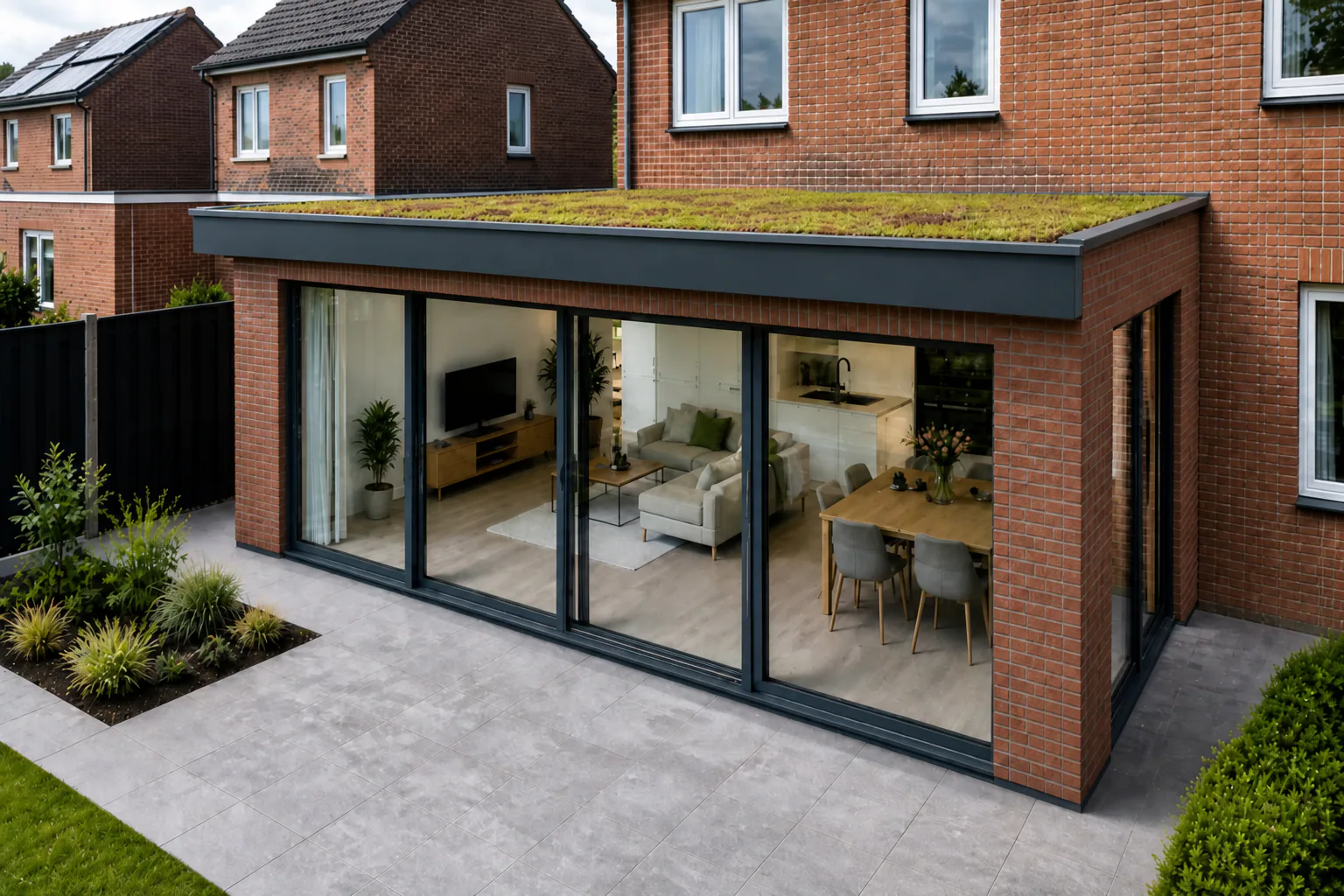 Voorbeeld-render uit de configurator: aanbouw met sedumdak, baksteen gevel en schuifpui