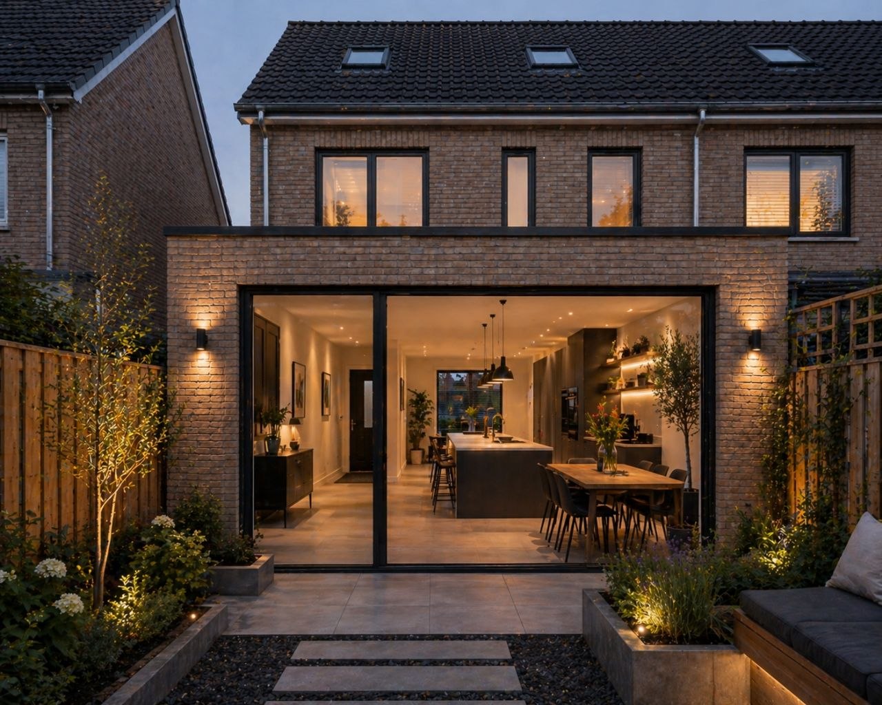 Bakstenen uitbouw met brede glaspui